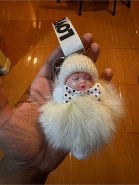 Love White Faux Fur Pom Pom Sleeping Doll Keychain